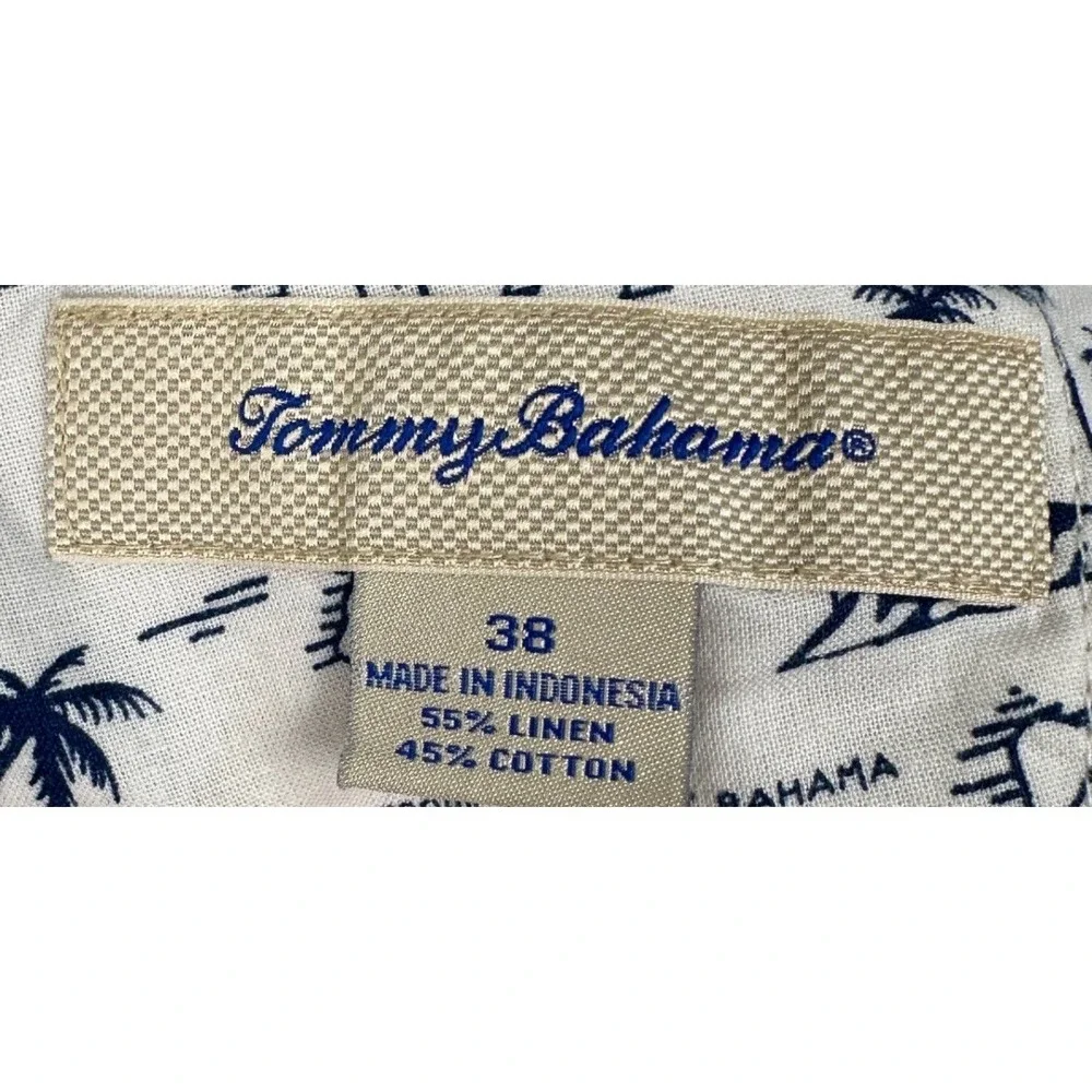 Tommy Bahama Linen Blend Shorts Mens 38 Beige White Striped Casual Chino Logo
